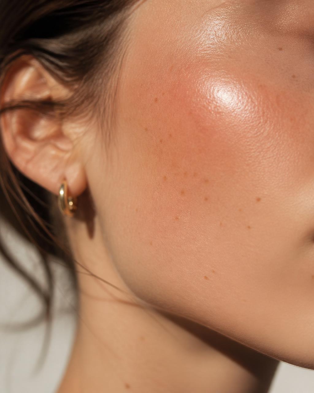 Bochecha com blush cremoso pêssego e pele glow